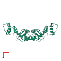 Homo dimeric assembly 1 of PDB entry 1en7 coloured by chemically distinct molecules, top view.