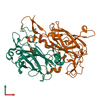 PDB entry 1eo2 coloured by chain, front view.