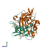 PDB entry 1eo2 coloured by chain, side view.