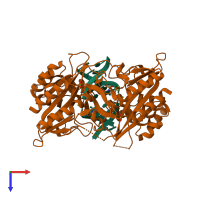 Hetero tetrameric assembly 1 of PDB entry 1eo3 coloured by chemically distinct molecules, top view.