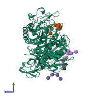 PDB entry 1eo5 coloured by chain, side view.