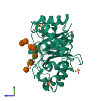 PDB entry 1eom coloured by chain, side view.