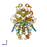 PDB entry 1eop coloured by chain, side view.