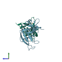 PDB entry 1eos coloured by chain, side view.