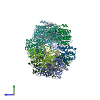 PDB entry 1eq2 coloured by chain, side view.