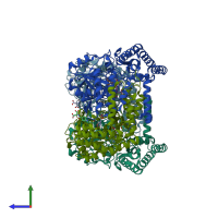 PDB entry 1eqb coloured by chain, side view.