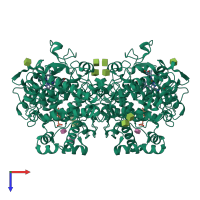 Homo dimeric assembly 1 of PDB entry 1eqg coloured by chemically distinct molecules, top view.