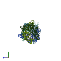 PDB entry 1eqn coloured by chain, side view.