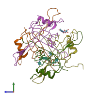 PDB entry 1eqq coloured by chain, side view.