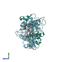 PDB entry 1etp coloured by chain, side view.