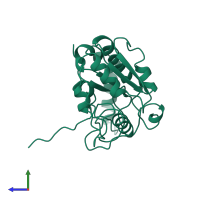 Monomeric assembly 1 of PDB entry 1eug coloured by chemically distinct molecules, side view.