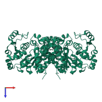 Homo dimeric assembly 1 of PDB entry 1evy coloured by chemically distinct molecules, top view.