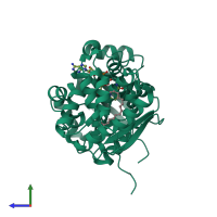 PDB entry 1evz coloured by chain, side view.