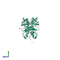 Homo dimeric assembly 1 of PDB entry 1ext coloured by chemically distinct molecules, side view.