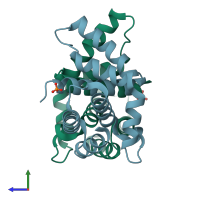 PDB entry 1eyv coloured by chain, side view.