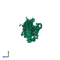 PDB entry 1ezb coloured by chain, ensemble of 17 models, side view.