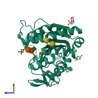 PDB entry 1f0p coloured by chain, side view.