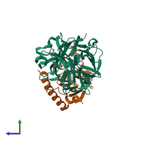 PDB entry 1f34 coloured by chain, side view.