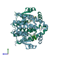 PDB entry 1f3b coloured by chain, side view.