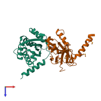 Hetero dimeric assembly 1 of PDB entry 1f3v coloured by chemically distinct molecules, top view.