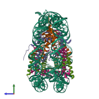 Hetero decameric assembly 1 of PDB entry 1f66 coloured by chemically distinct molecules, side view.