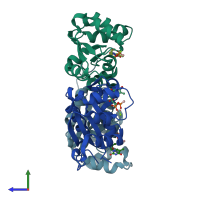 PDB entry 1f6t coloured by chain, side view.