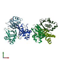 PDB entry 1f7t coloured by chain, front view.