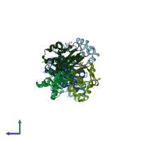 PDB entry 1f7t coloured by chain, side view.