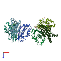 PDB entry 1f7t coloured by chain, top view.