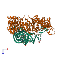 Hetero dimeric assembly 1 of PDB entry 1f7u coloured by chemically distinct molecules, top view.