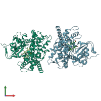 PDB entry 1fah coloured by chain, front view.