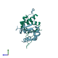 PDB entry 1fbq coloured by chain, side view.