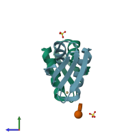 PDB entry 1fe0 coloured by chain, side view.