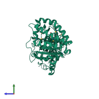 PDB entry 1fi4 coloured by chain, side view.