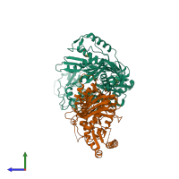 PDB entry 1fko coloured by chain, side view.