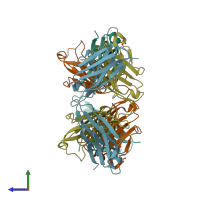 PDB entry 1fl5 coloured by chain, side view.