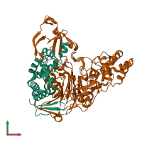 PDB entry 1fm2 coloured by chain, front view.