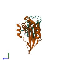 PDB entry 1fma coloured by chain, side view.