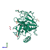 PDB entry 1fmg coloured by chain, side view.