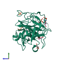 PDB entry 1fn8 coloured by chain, side view.