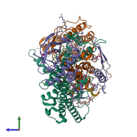 PDB entry 1fnq coloured by chain, side view.