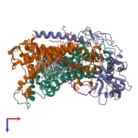 PDB entry 1fnq coloured by chain, top view.