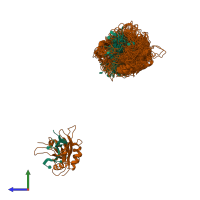 PDB entry 1fnx coloured by chain, ensemble of 21 models, side view.