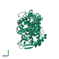 PDB entry 1fp8 coloured by chain, side view.