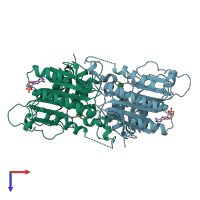 PDB entry 1fpd coloured by chain, top view.