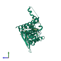 PDB entry 1fpq coloured by chain, side view.