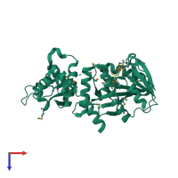 PDB entry 1fpq coloured by chain, top view.