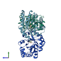 PDB entry 1fq0 coloured by chain, side view.