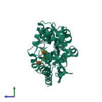 PDB entry 1fqa coloured by chain, side view.