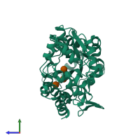 PDB entry 1fqd coloured by chain, side view.